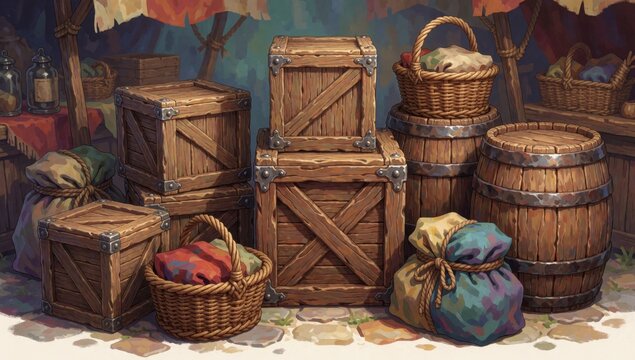 Group wooden crates baskets room colorful background stacked top each other different sizes shapes there large