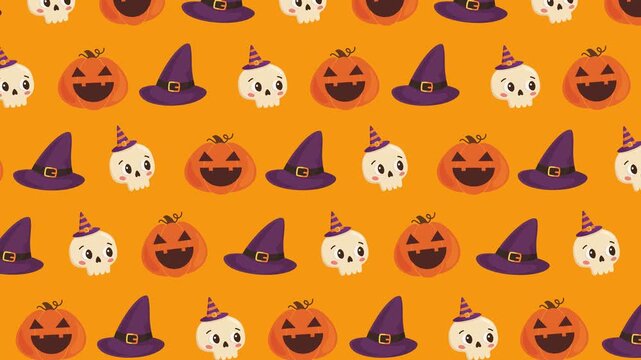 Halloween seamless pattern background with pumpkins witch hats and skulls rising motion loop