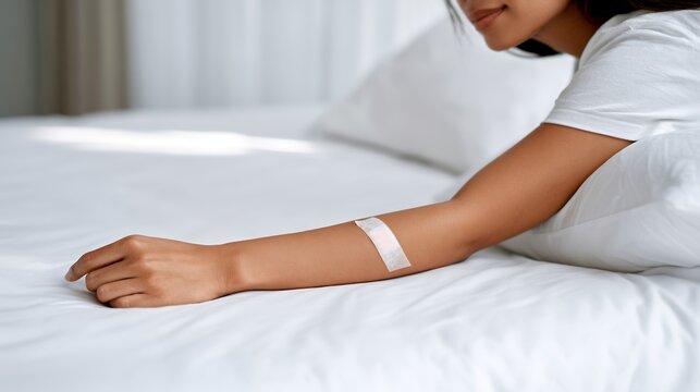 Young woman resting with contraceptive patch on arm in bright bedroom - healthcare and family planning