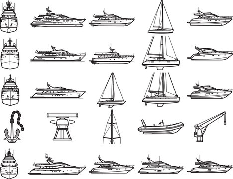 A collection of nautical illustrations showcasing various yachts, sailboats, and marine equipment, depicting the diversity of vessels and maritime gear in a detailed, sketch-like style.