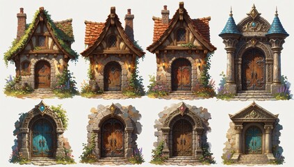 Fototapeta premium Set different types medieval-style houses each house has unique design color scheme first top left sloping roo