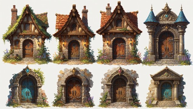 Set different types medieval-style houses each house has unique design color scheme first top left sloping roo