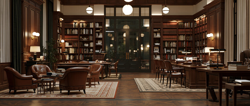 Elegant traditional library interior with bookshelves and reading tables