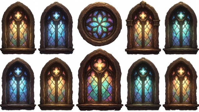 Collection different types stained glass windows each window has unique design colors patterns arranged grid r
