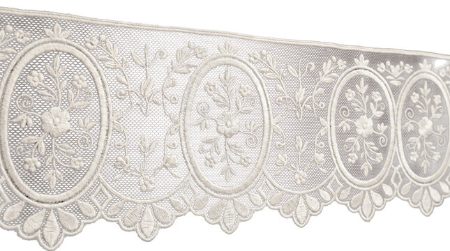 Vintage white lace trim with floral embroidery, elegant antique fabric border for wedding decor, ornate victorian textile pattern with scalloped edges isolated PNG with Transparent Background