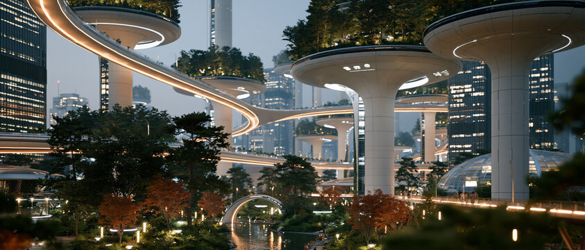 Futuristic eco-friendly smart city at night with flying vehicles and glowing roads