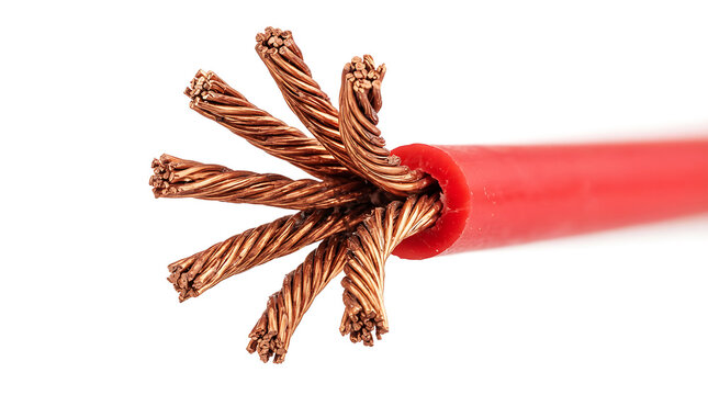 Stranded copper wire ends emerging from a red insulated cable