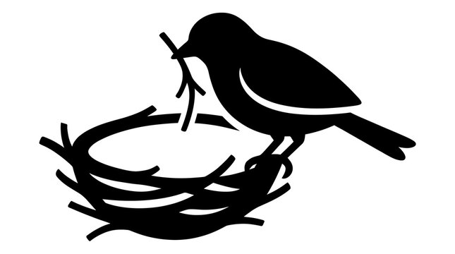 Bird Building Nest with Branch Silhouette Vector