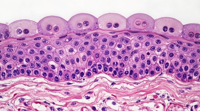 Microscopic view of transitional epithelial tissue showing stratified cell layers under magnification