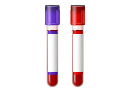 Blood test tubes with purple and red caps isolated on white background