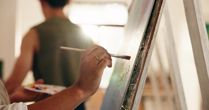Hands, woman and painting in class with canvas, drawing and art creation for gallery showcase. Female person, artist and sketch in workshop with paint brush, artistic process and artwork masterpiece
