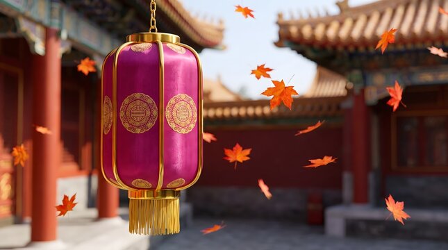 Traditional Chinese pink lantern with golden tassel floating autumn maple leaves near palace architecture background