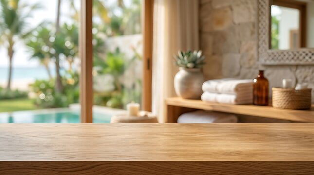 Empty wooden table top in a luxury tropical spa resort background for product placement and website banner design.