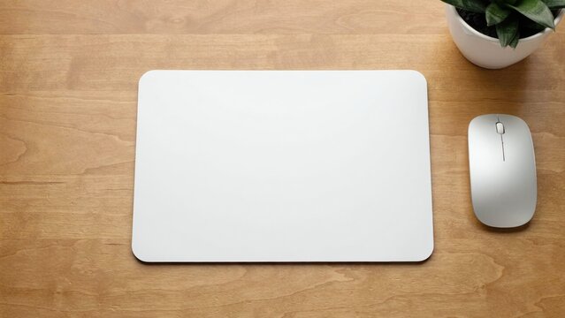 Blank white mouse pad on a wooden desk with computer mouse and potted plant