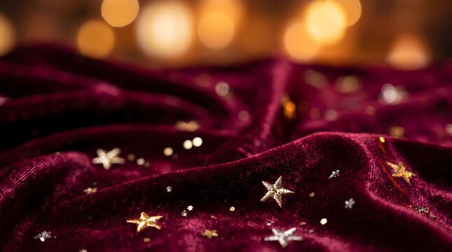 Burgundy velvet fabric background with golden stars and glitter sparkles, warm bokeh lights for festive holiday design