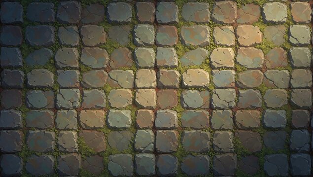 Close-up cobblestone pavement made small square-shaped stones arranged grid-like pattern different colors size