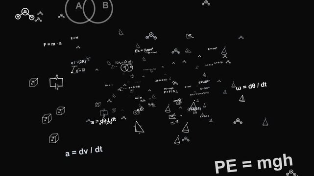 Math Formulas and Physics Equations Flying Through 3D Space on Black Background Overlay for Science Education Video