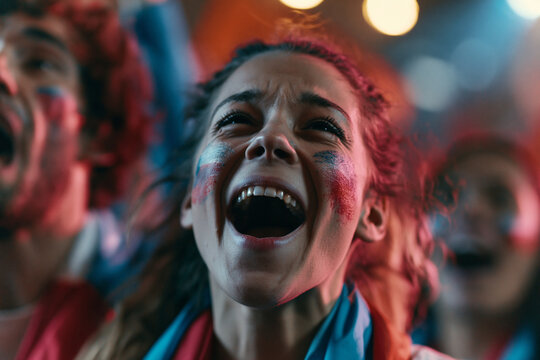 Excited Female Sports Fan Cheering at Stadium Match