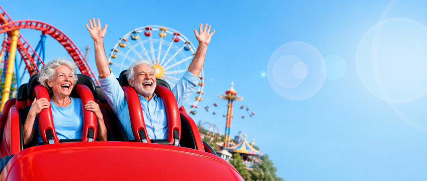 Happy senior couple riding a roller coaster ride in an amusement park. Enjoy fun travel vacation concept.  Wide panoramic background with copy space for text.