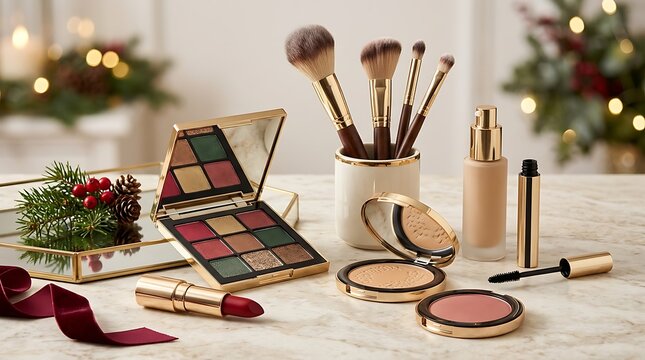 Set of makeup products and brushes for festive holiday season with christmas decorations. makeup combo offers