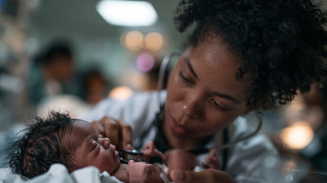 Female Pediatrician Examining Newborn Baby with Stethoscope