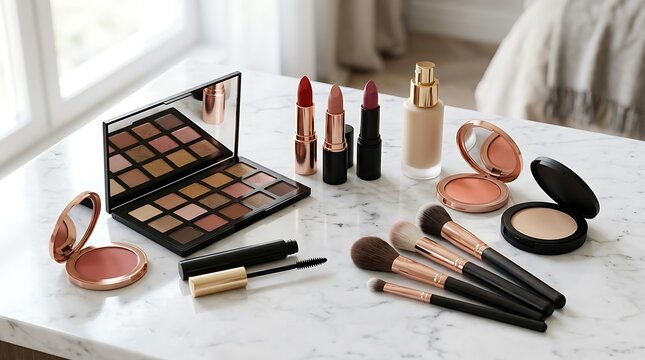 Professional makeup kit with colorful eyeshadow palette lipsticks and brushes on a vanity table. makeup combo offers