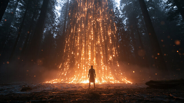 Silhouette Standing Before Glowing Digital Data Tree in Forest