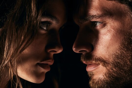 Close up portrait of woman and bearded man facing each other with intense eye contact and dramatic shadows against a dark background, intimate human connection