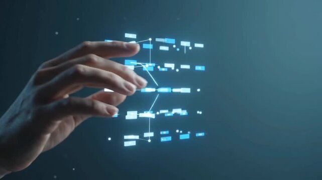 A person interacting with glowing digital data visualization and futuristic technology interface