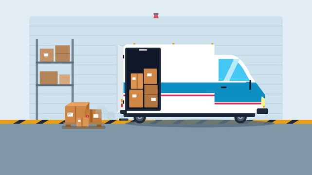 Delivery van loading cardboard boxes at warehouse dock - logistics and shipping service