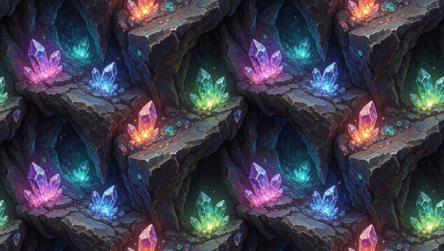 Digital illustration group colorful crystals scattered dark background different sizes shapes pink blue green