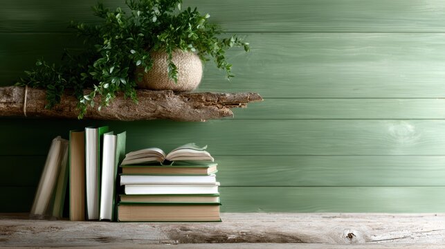 An aesthetically pleasing still life scene featuring a collection of books and lush greenery, symbolizing knowledge, growth, and the tranquility found in reading and nature.