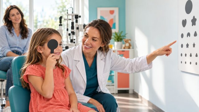 Young girl undergoes an eye exam with an optometrist and her mother. The smiling doctor points to a pediatric eye chart. This family-friendly scene promotes regular vision care