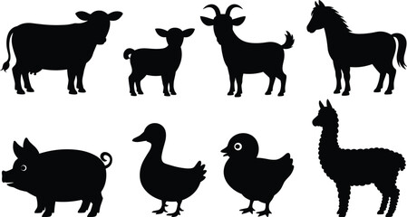 Obraz premium Assorted black silhouettes of farm animals including a cow, goat, horse, pig, duck, chick, and llama, isolated on a white background, for projects