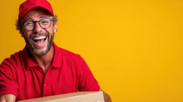 A cheerful delivery worker in a red uniform and cap holding a package, showcasing the friendly and service-oriented nature of parcel delivery services in a vibrant setting.