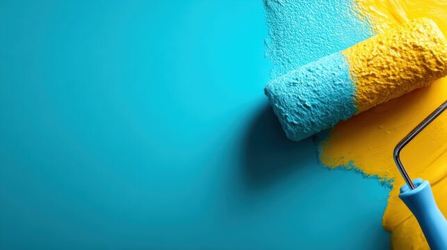 A vivid image showing a paint roller applying bright blue and yellow paint, capturing the essence of creativity and transformation in a colorful artistic project.