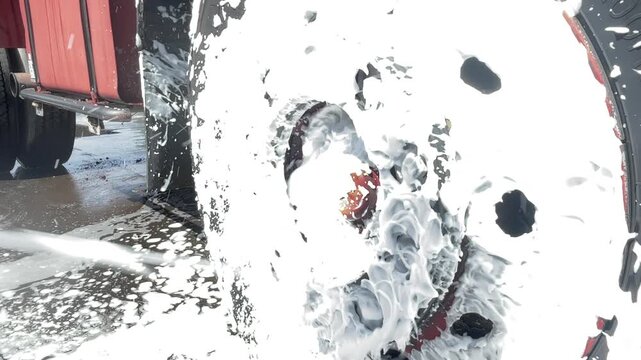 specialist cleans a large commercial transport using a high pressure liquid system at an outdoor industrial location. Frequent cleaning preserves cleanliness for the business.