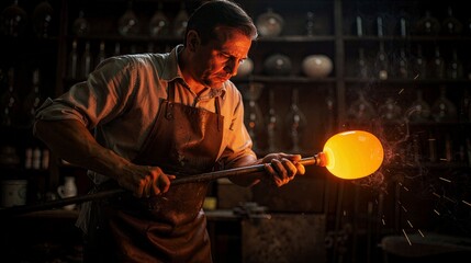 Obraz premium Man glassblower crafting glowing molten glass art in workshop