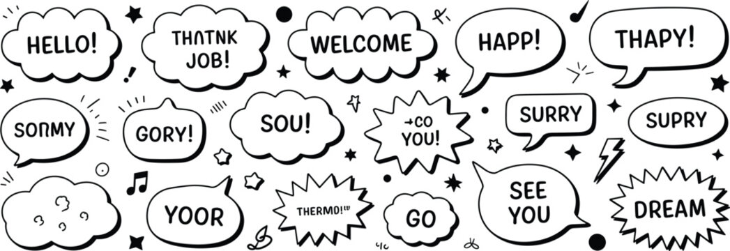 Hand drawn speech bubbles with text and decorative like stars and lightning bolts isolated on a white background set