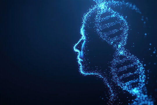 Digital art of a human profile composed of glowing blue particles forming a double helix DNA structure against a dark background.