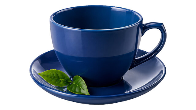 Teal Teacup with Green Tea Leaf on Saucer Isolated PNG on Transparent Background, Modern Tea Setting