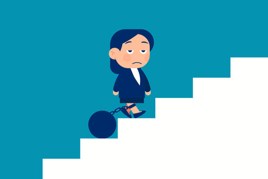 Businesswoman walking up stairs with weighted pendulum. Business vector illustration concept