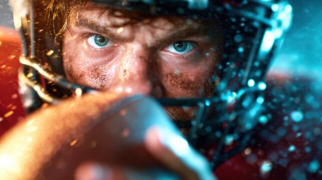 In an electrifying moment, a football player is captured with intense focus, showcasing determination and physicality in a high-stakes sports environment.