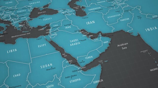 Animated political map showing the location of Saudi Arabia in the Middle East. The camera gradually approaches the country, bringing Riyadh, neighboring countries, national borders, the Red Sea, Pers