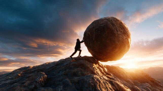 A silhouetted man exerts himself pushing a massive boulder uphill at sunset, symbolizing perseverance, struggle, and the determination to overcome life's challenges.