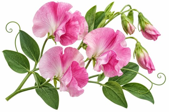 Pink sweet pea blossom cluster with delicate petals and textured foliage for botanical illustrators, floral designers, and garden publishers