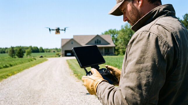 Drone operator using remote controller with screen to fly delivery quadcopter carrying package to suburban house entrance for autonomous courier logistics   