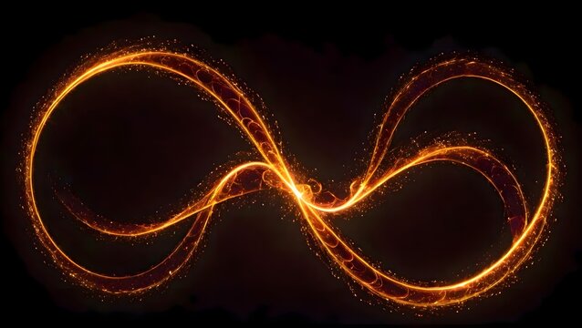Glowing infinity symbol shape formed out of burning bright fire and flames on dark background