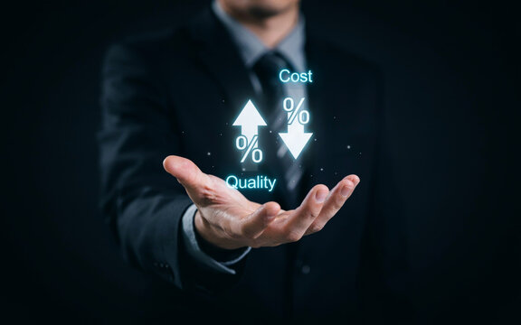 Businessman showing hologram with arrows indicating cost increase and quality improvement in balance.