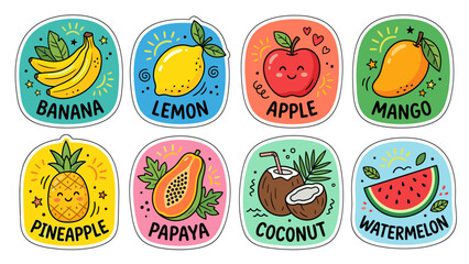 Fototapeta premium Tropical Fruit Sticker Collection Banana, Lemon, Apple and Mango Doodle Patches for Summer Food Designs
